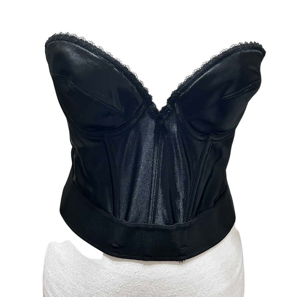 VTG Victorias Secret Black Bustier Corset Top Size 36B Lace Trim Strapless Boned